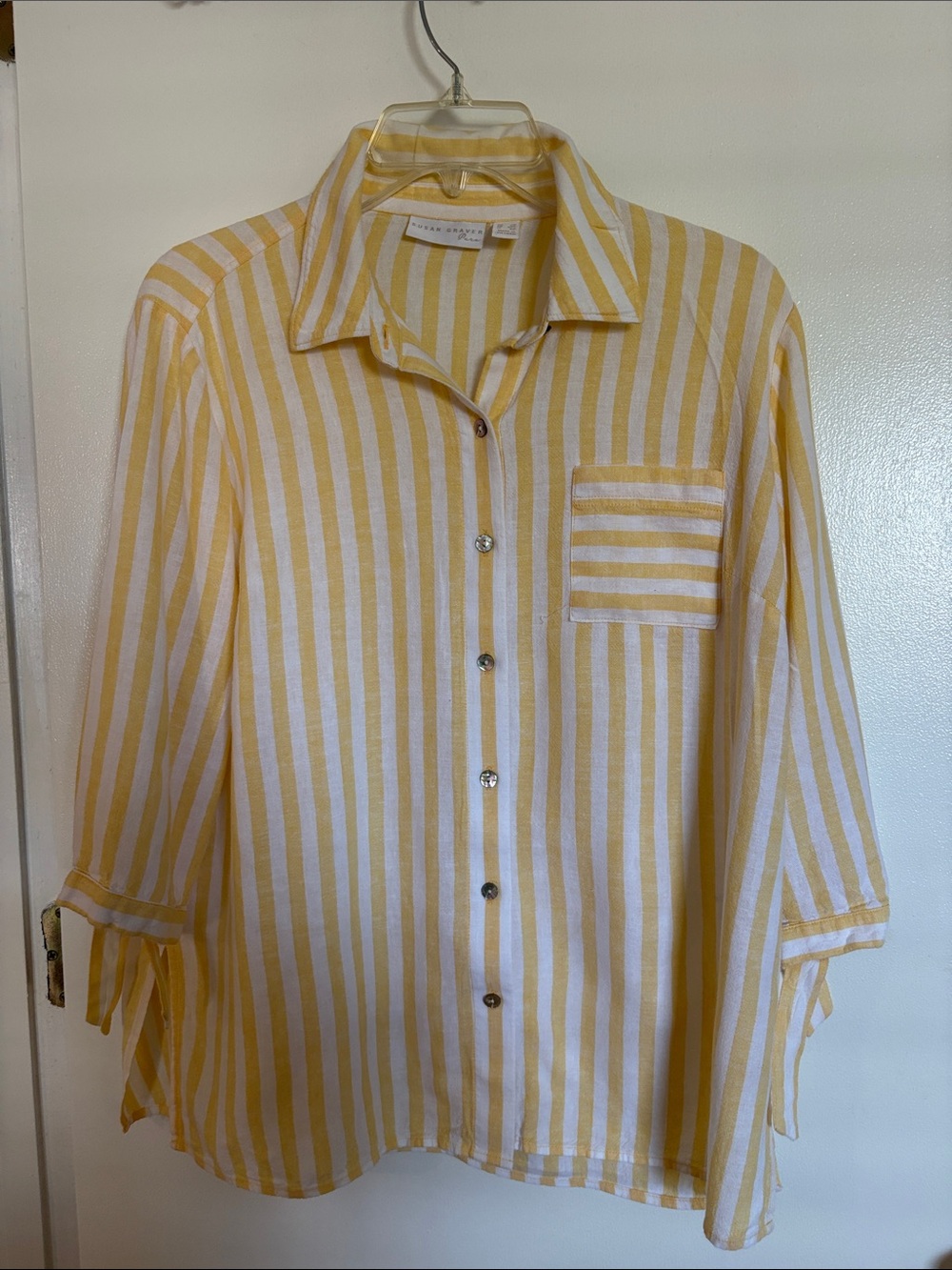 Susan Graver Yellow and White Vertical Stripe Button-Down Shirt MP
